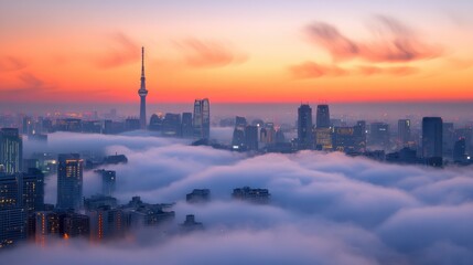 Naklejka premium Tokyo skyline partially obscured by fog during early morning hours