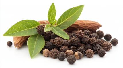 Sichuan peppercorn with leaves on a white background