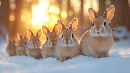 Cute bunny rabbits in a row on snowy ground at sunset.