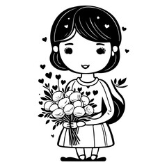 Charming monochrome cartoon of a girl carrying flowers surrounded by hearts
