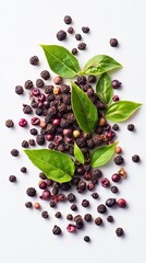 Sichuan peppercorn with leaves on a white background