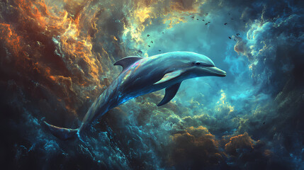 A tranquil dolphin spirit animal swimming in a surreal ocean. [Surreal Oceans] | Volcanic Reefs | magma coral. Illustration