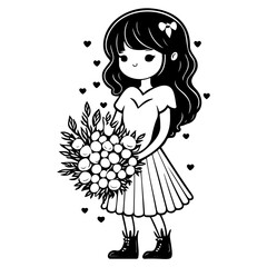 Charming monochrome illustration of a girl with bouquet in romantic setting