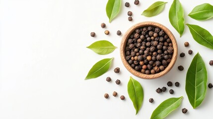 Sichuan peppercorn with leaves on a white background