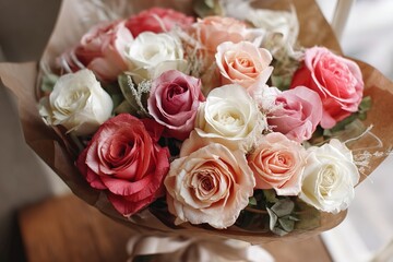 Lovely white tulips and multicolored quail eggs arranged in a nest on a light gray stone setting.