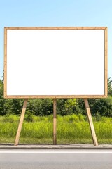 Fototapeta premium Blank billboard with wooden frame stands roadside, against a backdrop of greenery and blue sky