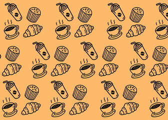 A set of bakery and coffee illustration pattern with brown background, food packaging, menu illustration hand drawn print ads, food business, coffee shop
