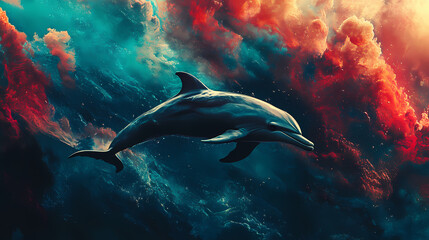 A tranquil dolphin spirit animal swimming in a surreal ocean. [Surreal Oceans] | Volcanic Reefs | magma coral. Illustration