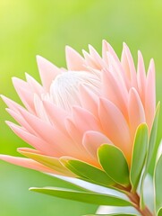 Fototapeta premium Close-up of a pale pink flower with vibrant green foliage against a soft green background