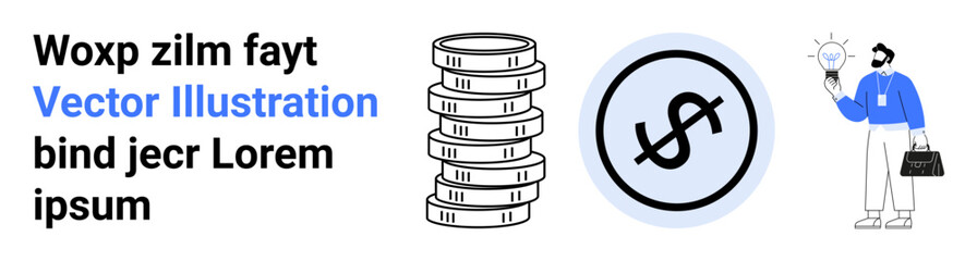 Businessman holding a light bulb, stack of coins, and dollar sign icon representing money. Ideal for finance, investment, ideas, entrepreneurship, innovation, earnings simple landing page