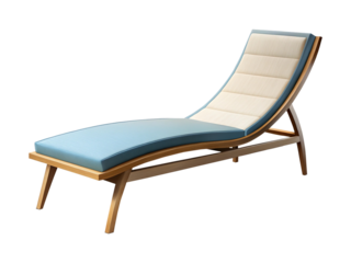 Elegant wooden chaise lounge with blue cushion and cream padded back rest