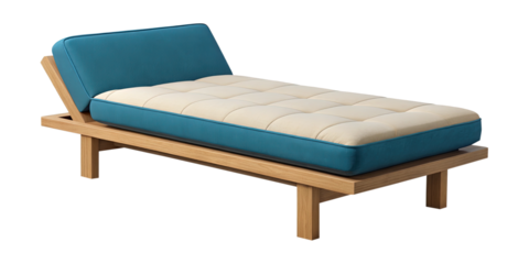 Comfortable indoor chaise lounge with wooden frame and teal upholstery
