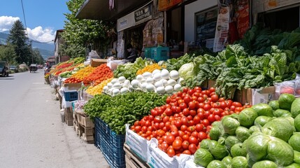 Colorful fresh produce market overflowing with vibrant vegetables and fruits. Freshly harvested goods arranged in crates lining a roadside shop