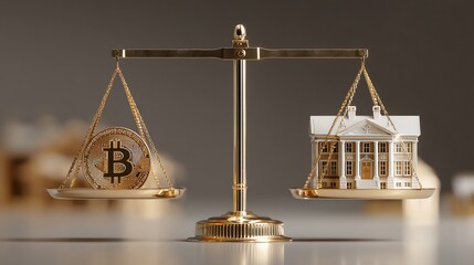 A golden balance scale weighs Bitcoin against a house, symbolizing the choice between digital wealth and physical assets. Perfect for financial themes, investments, and crypto vs real estate compariso