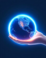 Glowing Earth cradled in a gentle hand against a dark blue backdrop