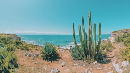 Coastal desert landscape with cacti and ocean view