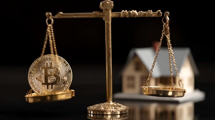 A golden balance scale weighs Bitcoin against a house, symbolizing the choice between digital wealth and physical assets. Perfect for financial themes, investments, and crypto vs real estate compariso