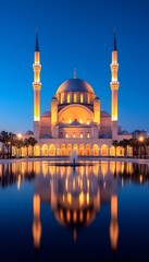 Obraz premium Illuminated mosque at twilight, reflected in a still pond, with two minarets flanking the central dome