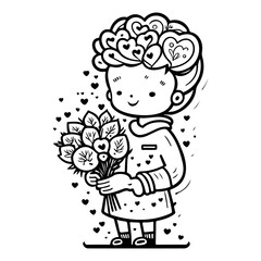 A Cute Child Character with Heart-Themed Decorations Holding a Bouquet