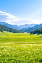 Obraz premium Lush green meadow stretching towards distant, hazy mountains under a vibrant blue sky
