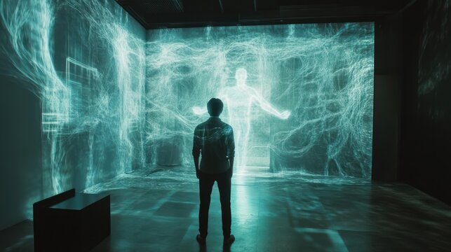 Man Absorbed by Digital Luminescence, Exploring Immersive Tech Art Installation