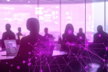 Purple networking meeting, silhouettes of attendees.