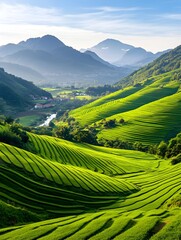 Obraz premium Lush green terraced hillsides slope down to a river valley, nestled amongst hazy mountains under a vibrant sky