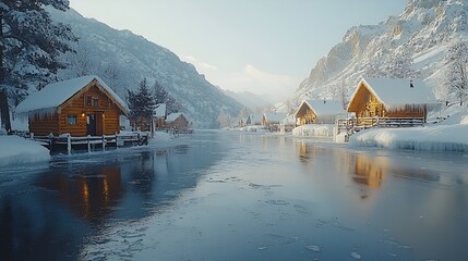 Fototapeta premium Winter wonderland Cozy cabins on a frozen lake nestled in snowy mountains.