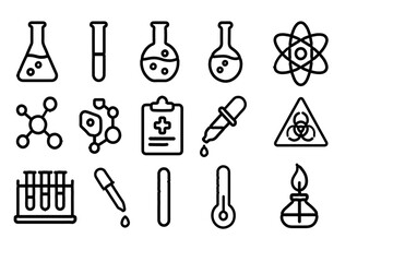 Science and Lab Equipment Icons - Flat Line Chemistry Symbols
