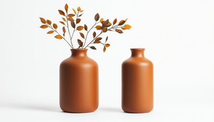Two terracotta vases with autumnal leaves