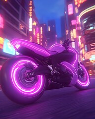 Neon-lit motorcycle speeding through a futuristic city at night