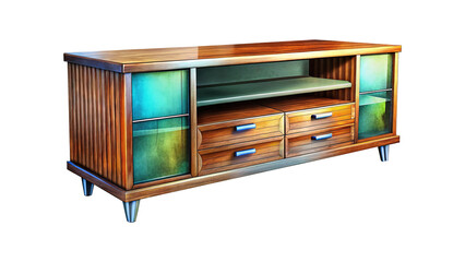 Vintage Wooden Television Stand with Glass Accents and Storage Drawers