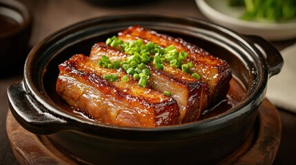 Deliciously Glazed Pork Belly Served in a Traditional Clay Pot with Chopped Green Onions as Garnish