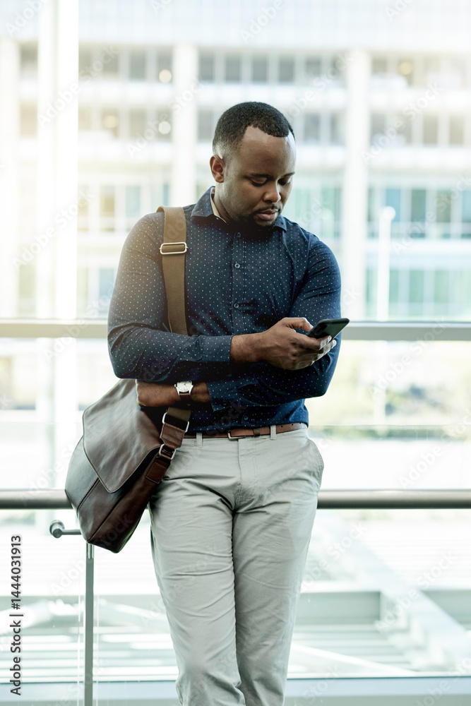 Poster business, black man or typing with smartphone in office for interview location, web scroll or waitin