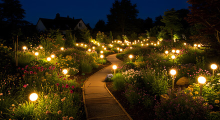 Obraz premium Night Garden Path: Illuminated Walkway with Soft Lighting