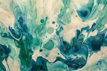 Abstract painting with swirling teal, cream, and blue hues.