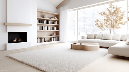 Fototapeta premium Modern minimalist living room with fireplace and large windows