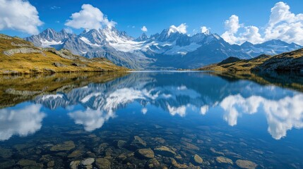 Majestic mountain range reflected in tranquil alpine lake on a bright day