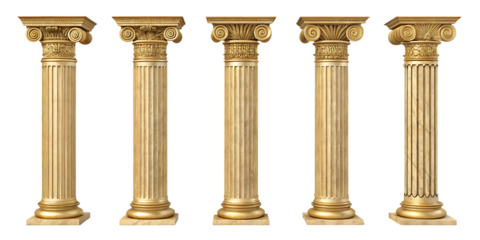 Five golden columns isolated on white background