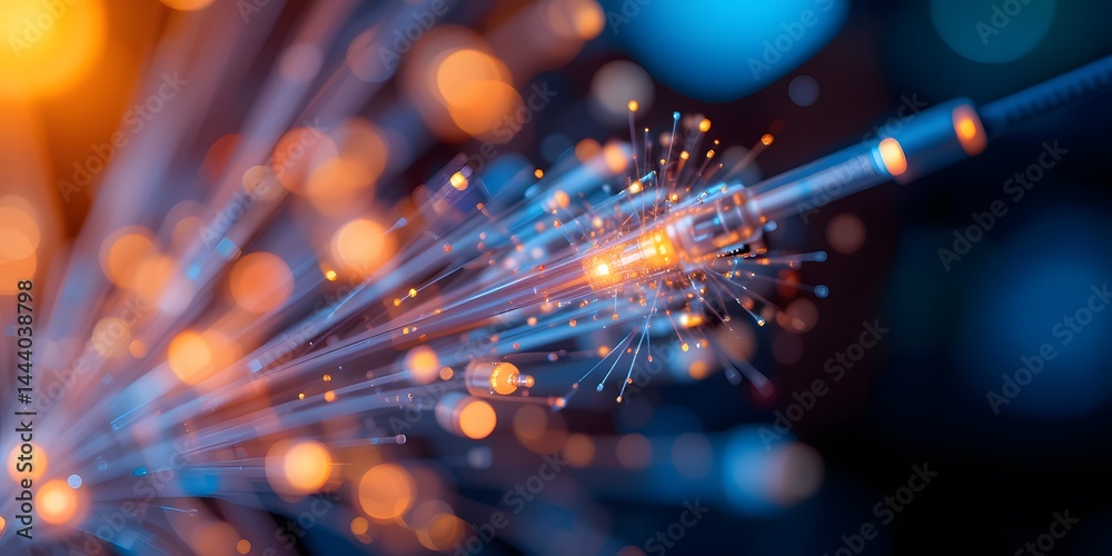 Poster fiber optic technology close-up showing illuminated tips, glowing light emanating from each strand. 