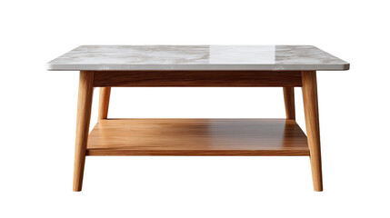 Fototapeta premium Modern Coffee Table: A stylish, square coffee table crafted with a light wood frame and a sleek, stone-like top, perfect for modern living spaces.