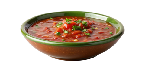 Bowl of delicious chunky tomato soup garnished with fresh green parsley