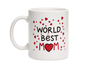 White mug with "World's Best Mom" print.