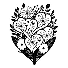 Heart-shaped floral arrangement with delicate botanical details, black and white design