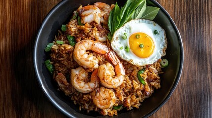 Top-down view of shrimp fried rice with jumbo shrimp pieces and eggs among golden grains