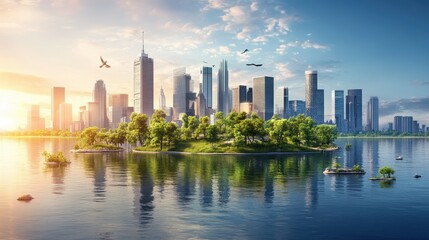 Fototapeta premium Verdant island metropolis at sunrise.