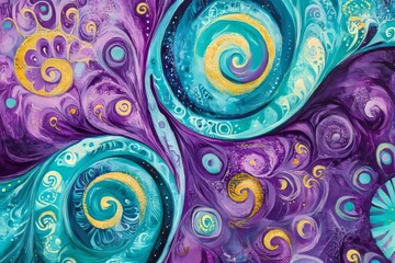 Abstract swirling design of vibrant teal and purple hues.