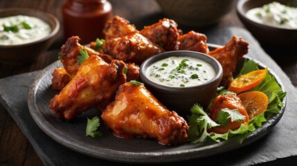 Fototapeta premium Delicious Buffalo Wings with Ranch Dip on a Plate for a Tasty Meal