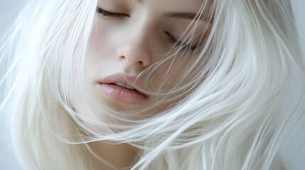 Naklejka premium Captivating portrait of a beautiful woman with long white hair studio photography minimalist close-up