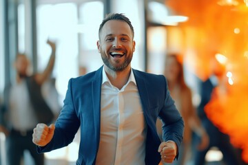 Strong colors and graphic accents in orange highlight businessman confident stance, perfect for banners that promote corporate identity or human resource initiatives.